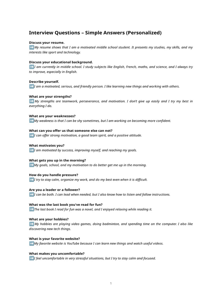 Interview Questions - Simple Answers (In Order) | PDF | Motivation ...