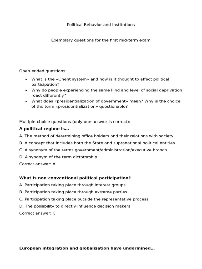 Example Questions First Midterm | PDF | Legislature | Forms Of Government
