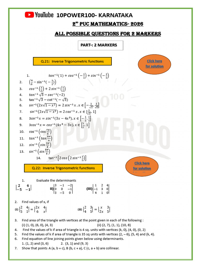PART B 2nd PUC Math All 2 Markers Possible Questions | PDF | Chess ...