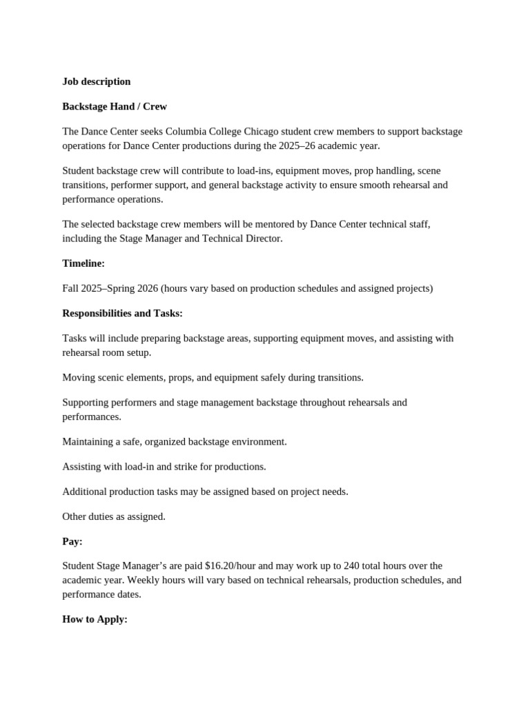 Backstage Hand Crew HANDSHAKE Job Description | PDF