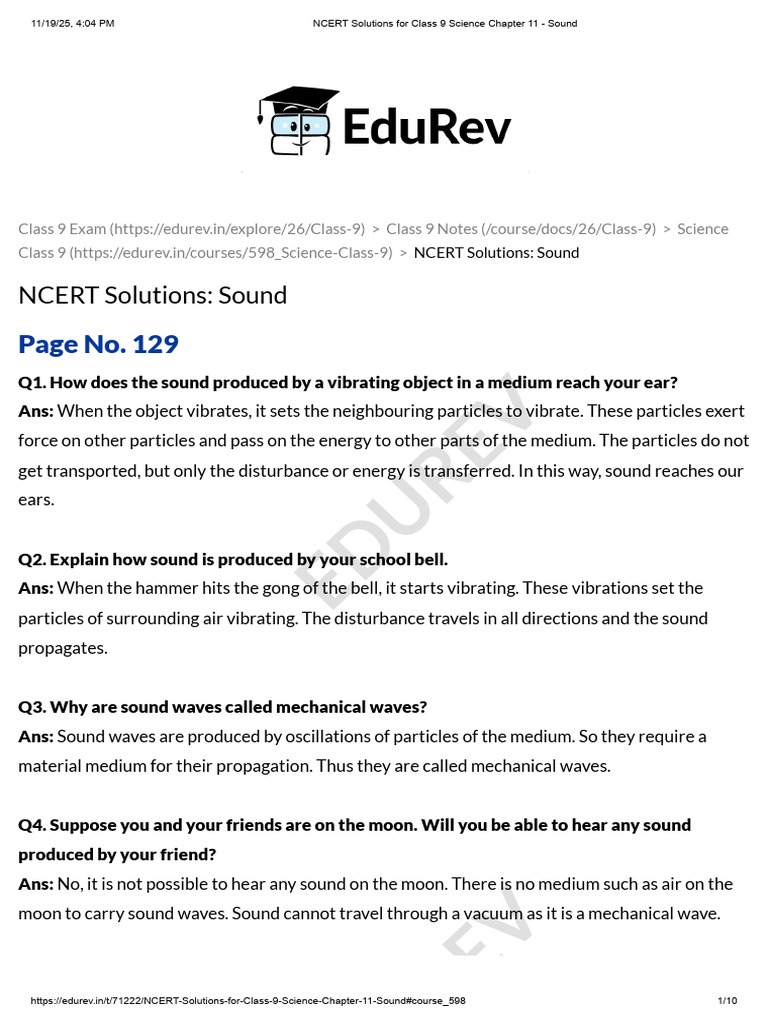 NCERT Solutions For Class 9 Science Chapter 11 - Sound | PDF | Sound ...