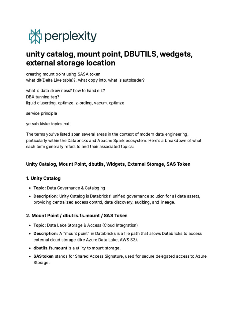 Unity Catalog, Mount Point, DBUTILS, Wedgets, Exte | PDF | Apache Spark ...