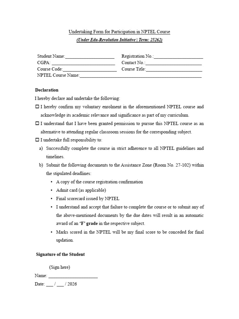 NPTEL Undertaking Form 25262 | PDF