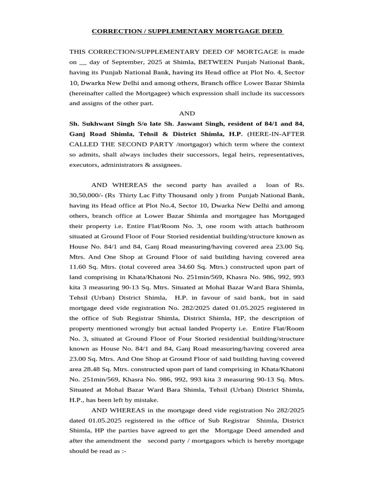 Correction Deed Dated 02.09.2025 | PDF | Mortgage Law | Debt