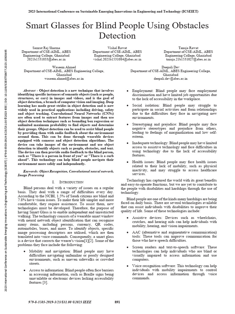 Smart Glasses For Blind People Using Obstacles Detection | PDF ...