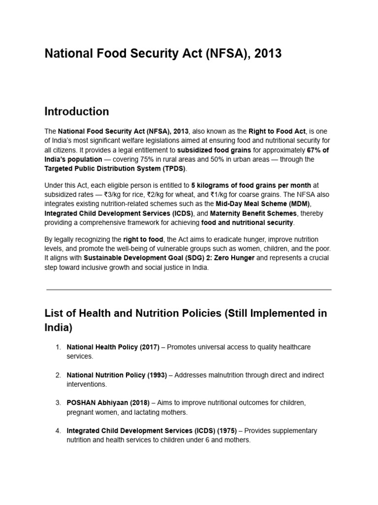 National Food Security Act (NFSA), 2013 | PDF | Food Security | Social ...