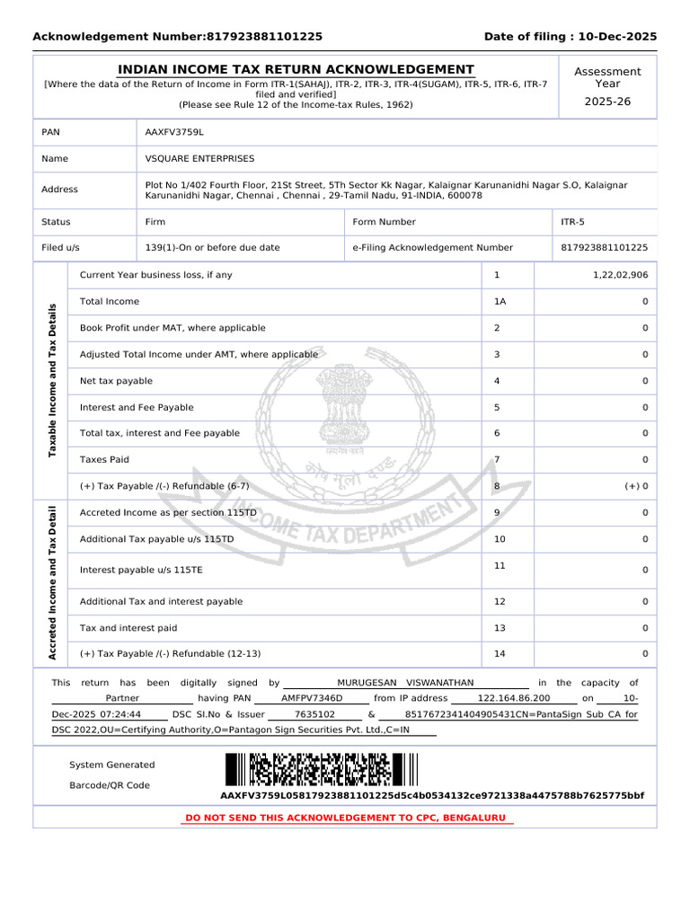 ITR V - Vsquare Enterprsies - FY 2024-25 | PDF | Taxes | Income