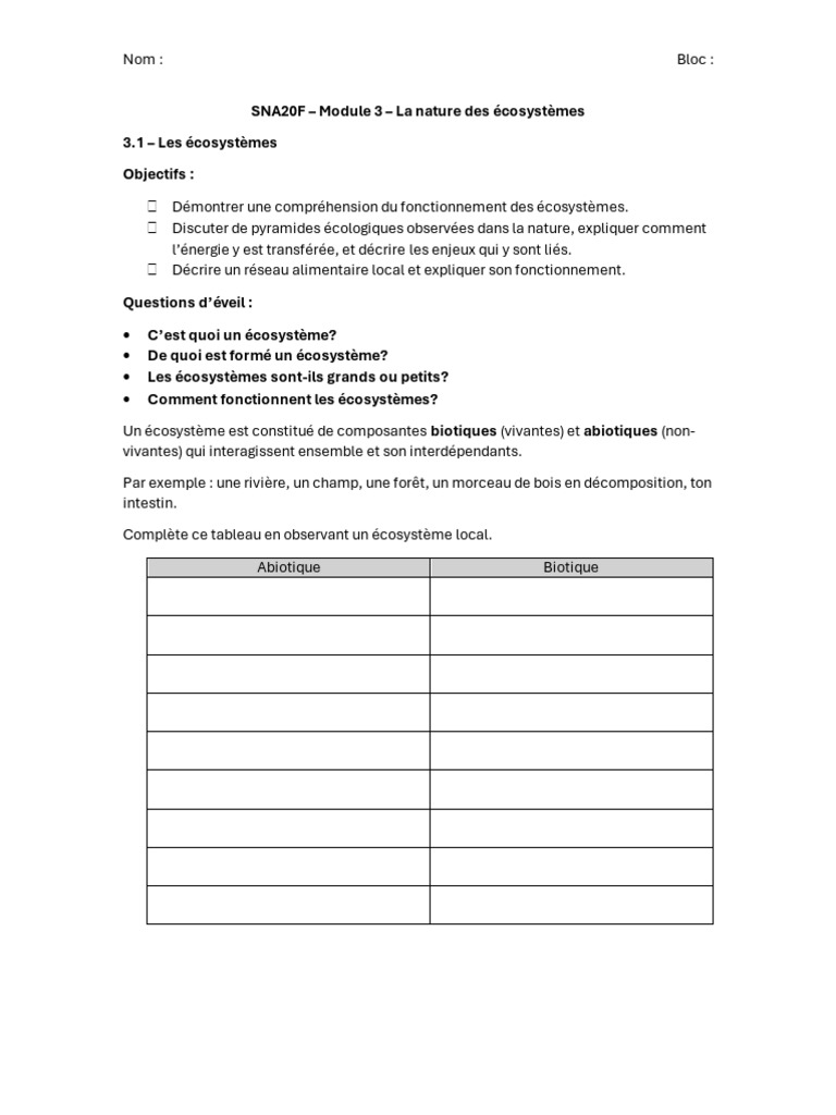 SNA20F - Écologie - Notes Module 3 - 2024 | PDF | Réseau trophique ...