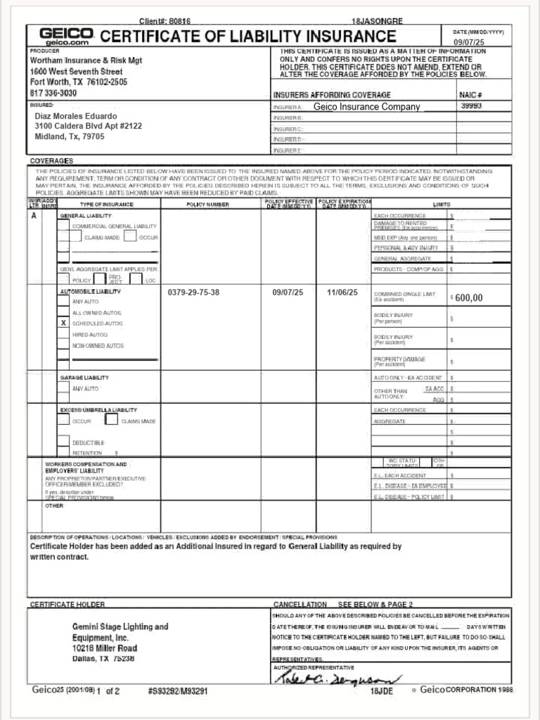 Certificate of Liability Insurance | PDF