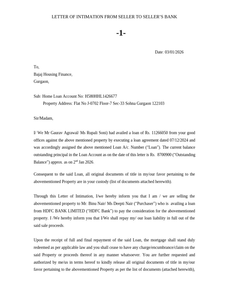 No. 1 Letter of Intimation From Seller To Bank | PDF | Mortgages ...