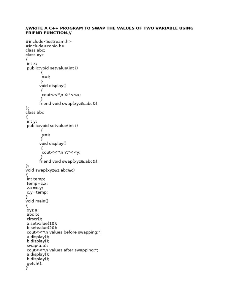 write A C++ Program To Swap The Values of Two Variable Using Friend ...