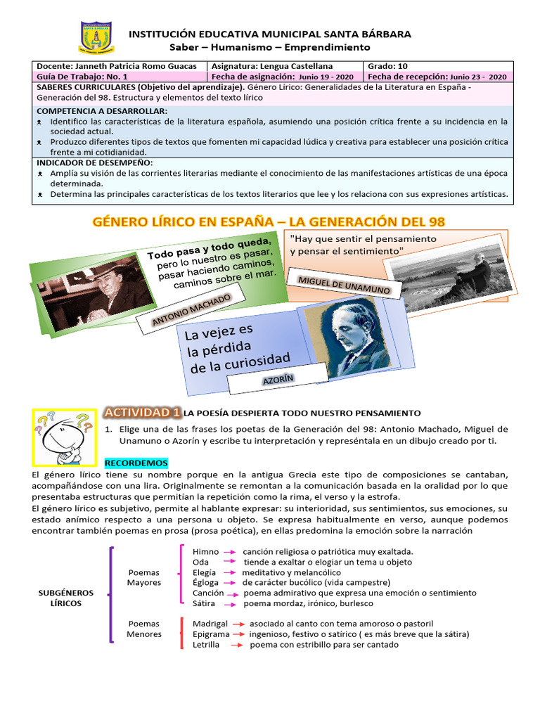 Cursos 10-1 y 10-2 LENGUAJE GUIA No.1 II PER 2020 Patty Romo | PDF | Poesía