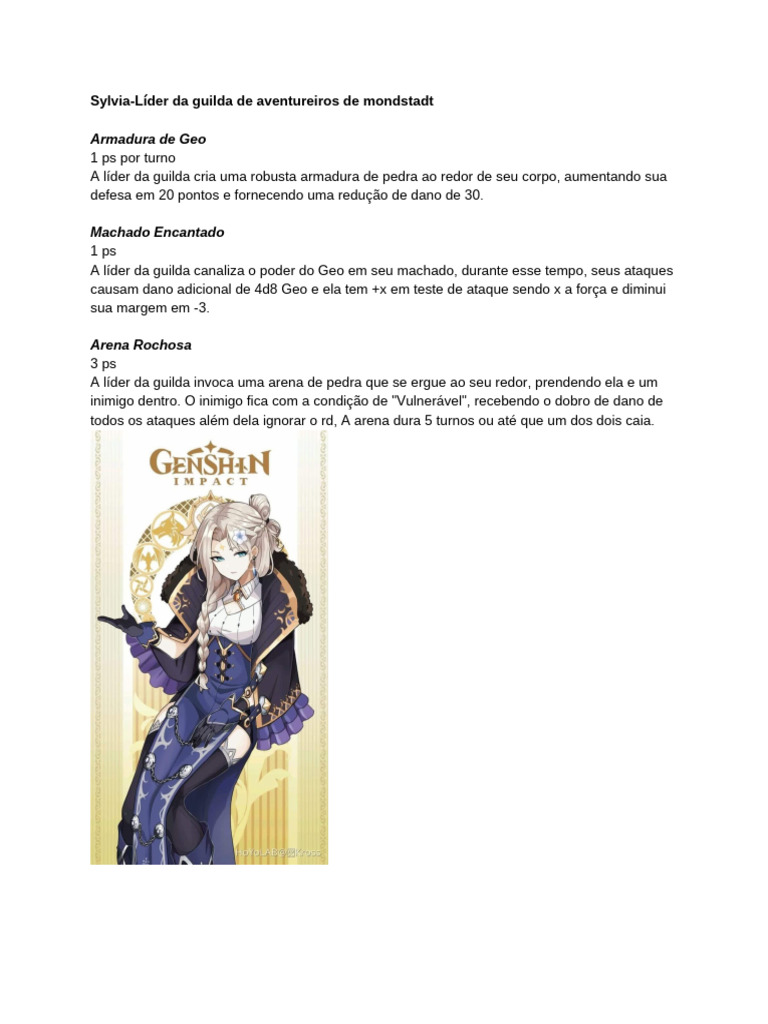 Sylvia-Líder Da Guilda de Aventureiros de Mondstadt | PDF