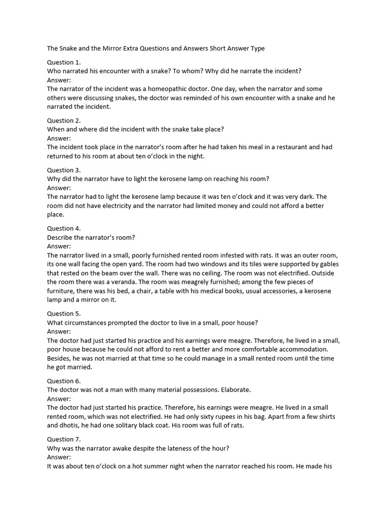 The Snake and The Mirror Extra Questions and Answers Short Answer Type ...