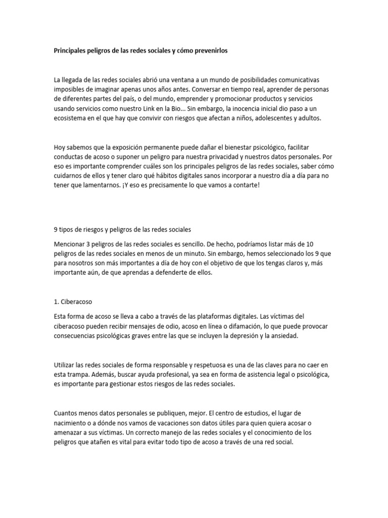 Principales Peligros de Las Redes Sociales y Cómo Prevenirlos | PDF ...
