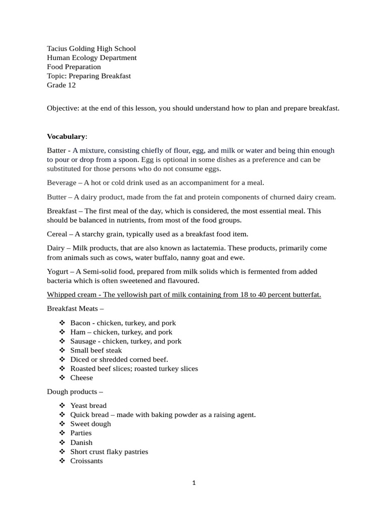 Breakfast Lesson and Activity | PDF | Breads | Flour