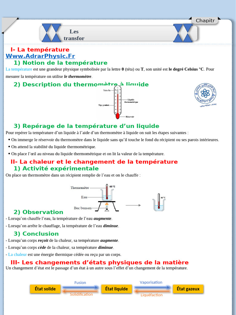 Cours - 1 La Chaleur Et Les Changements D'état Physique de La Matière ...