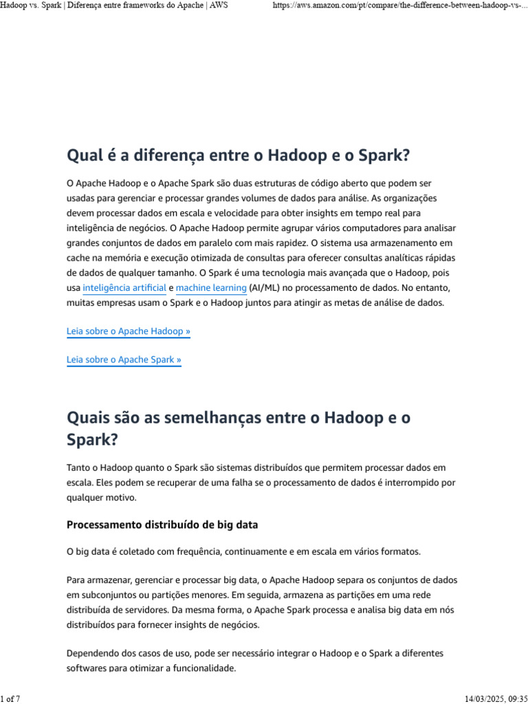 Hadoop vs. Spark - Diferença Entre Frameworks Do Apache - AWS | PDF ...
