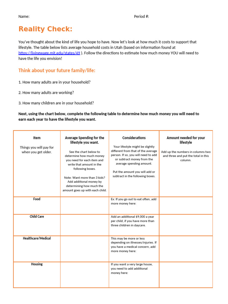 Reality Check Worksheet Updated 2025 | PDF | Cost Of Living | Money