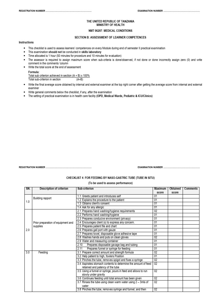Checklist 4 - Feeding by Naso-Gastric Tube (Tube in Situ) | PDF | Hand ...