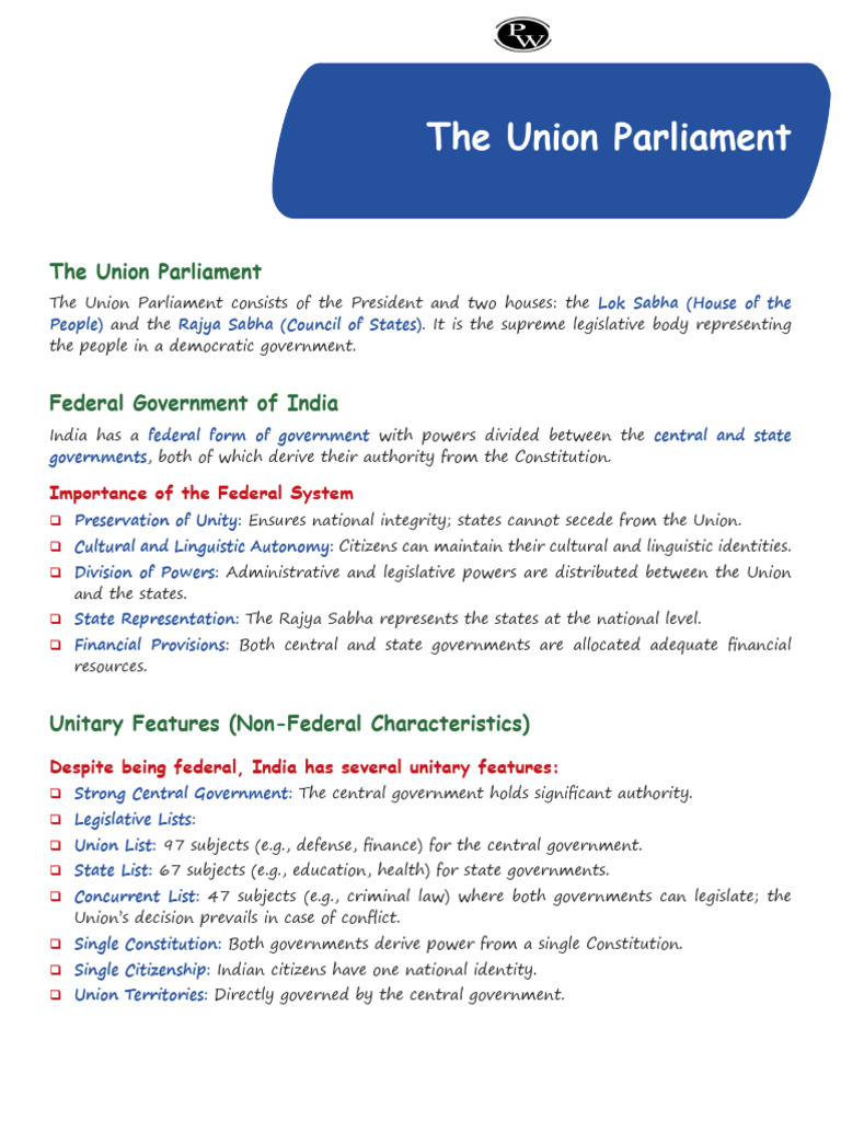 The Union Parliament - Handwritten Notes&CYQsLegend 2026 | PDF ...