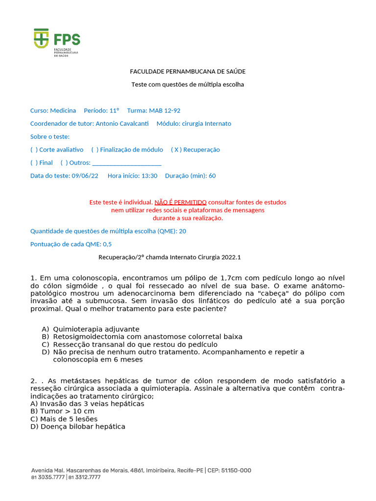 2o Cham Recup Internato Cirurgia 2022.1 | PDF | Câncer colorretal | Câncer