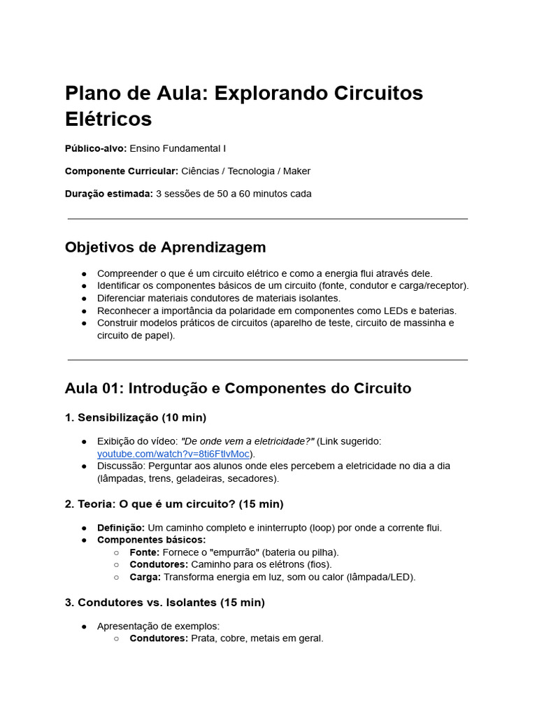 Plano de Aula Circuito Eletrico | PDF | Eletricidade | Rede elétrica
