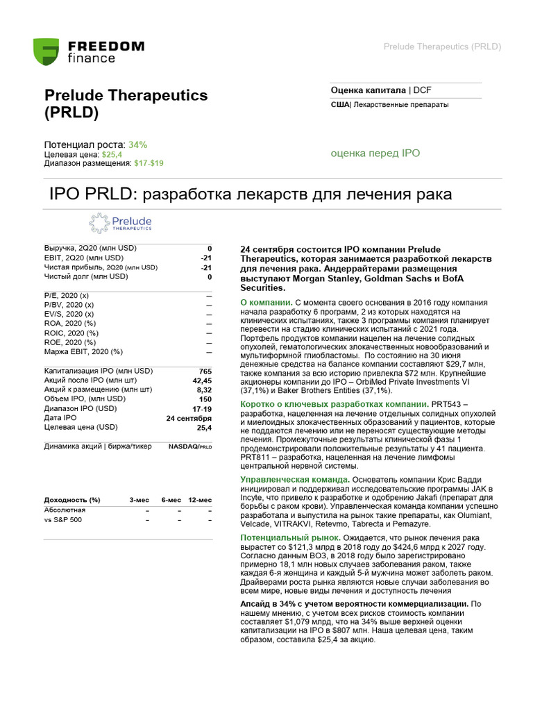 FF. IPO Prelude Therapeutics (PRLD) - отчет | PDF