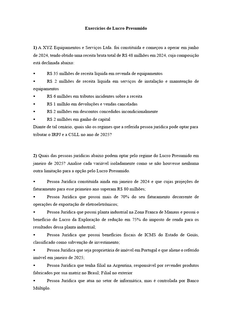 Exercícios de Lucro Presumido | PDF | Imposto de Renda | Impostos