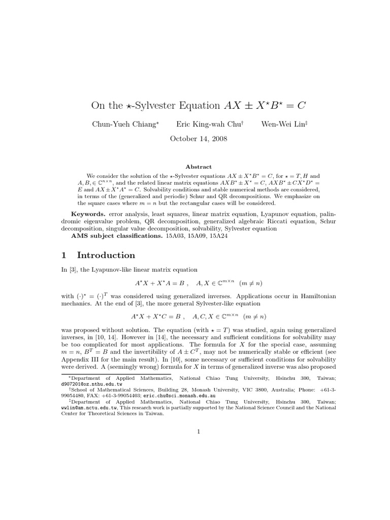 Chiang.on the Sylvester Equation AX-+XB=C | PDF | Matrix (Mathematics ...
