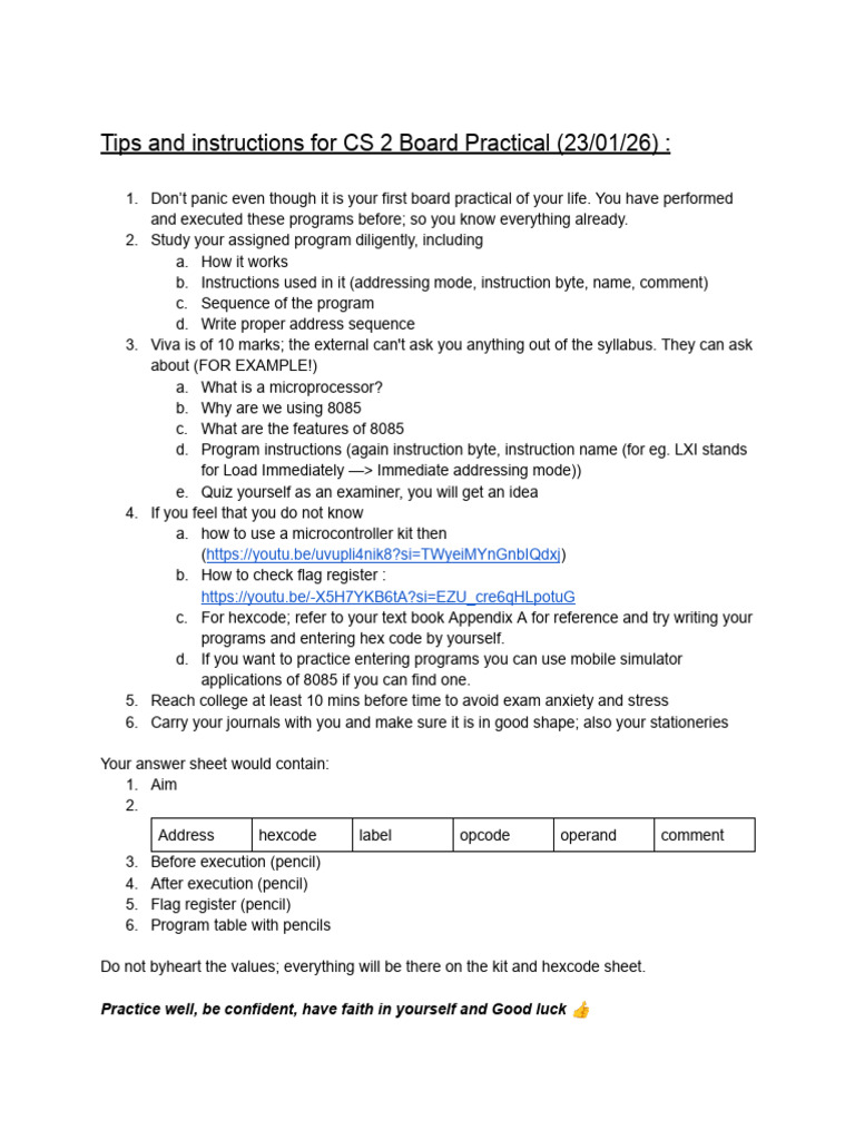 Tips and Instructions for CS 2 Board Practical (23!01!26) | PDF