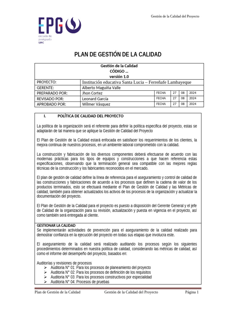Ejemplo Plan de Gestion de La Calidad Del Proyecto MACO | PDF | Calidad ...