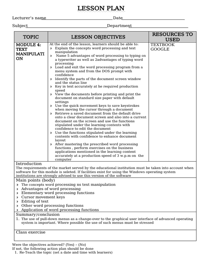 COMPUTER PRACTICE N4 LESSON PLAN WEEK 4 | PDF | Word Processor | Menu ...