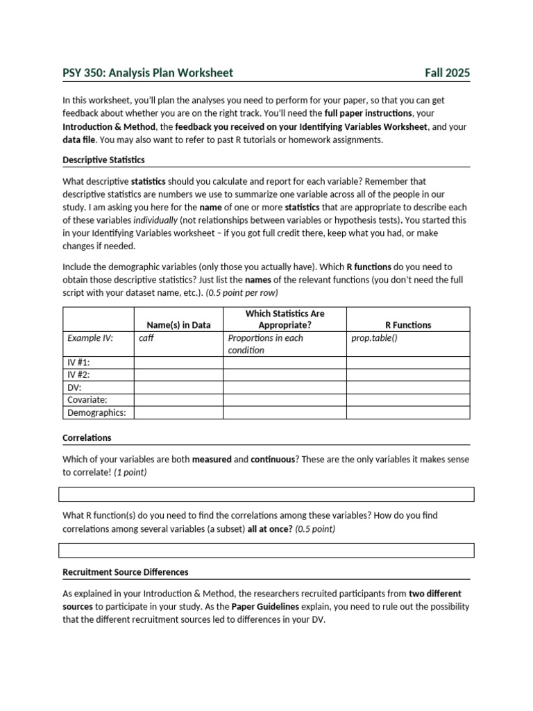 Analysis Plan Worksheet | PDF | Statistics | Dependent And Independent ...