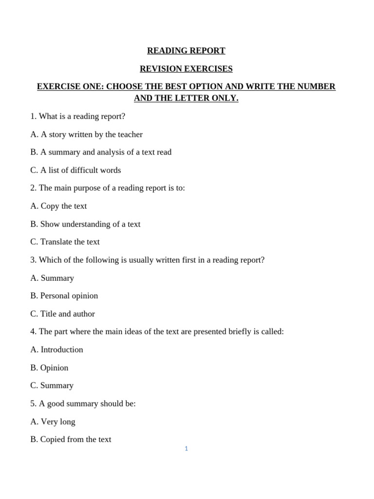 Reading Report Revision Exercises First Year | PDF | Reading ...