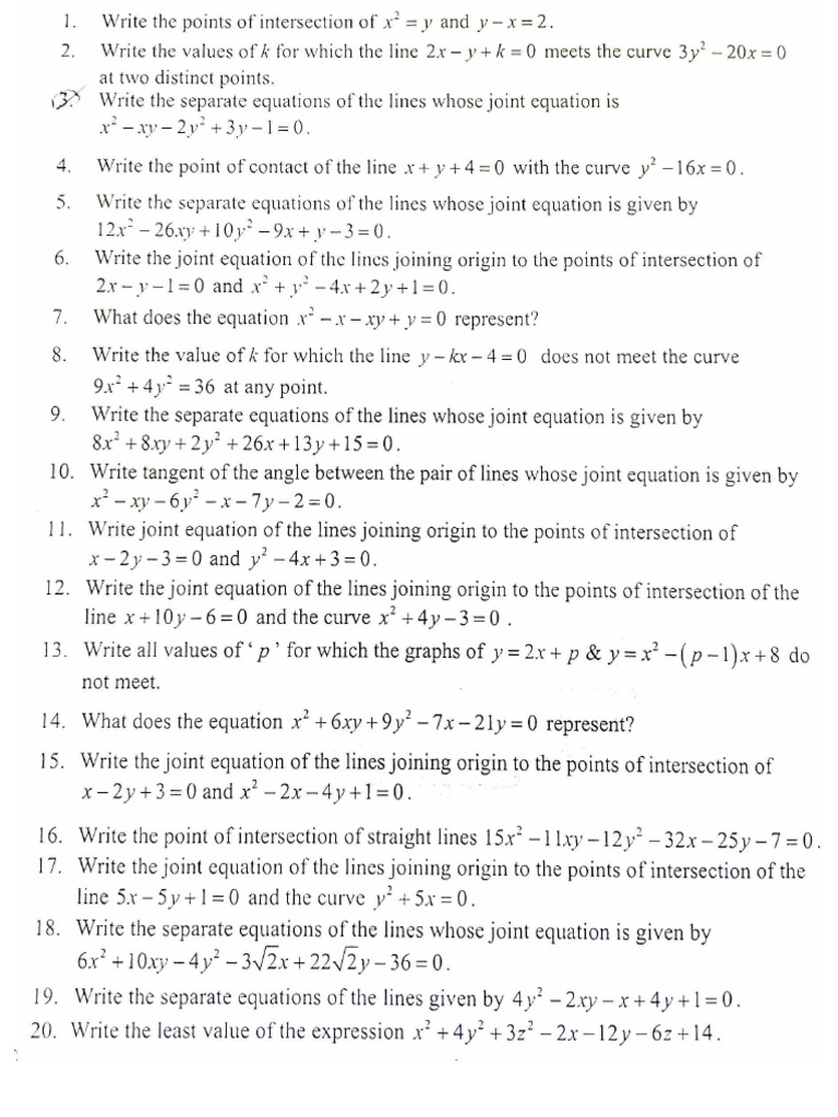 11th Pair of Straight Lines Assignment | PDF