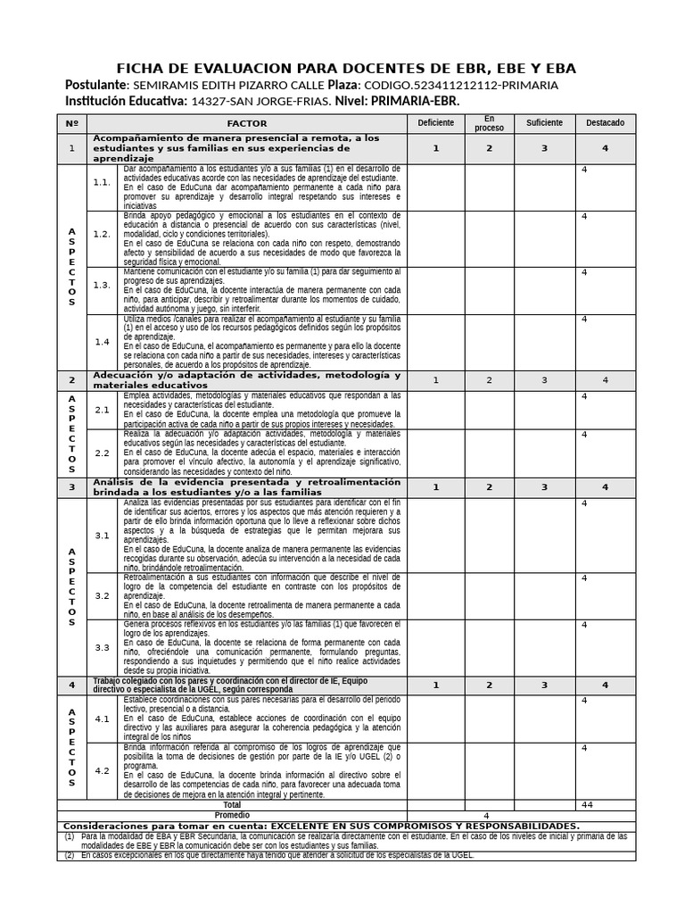 Ficha de Evaluacion para Docentes de Ebr | PDF | Aprendizaje | Maestros