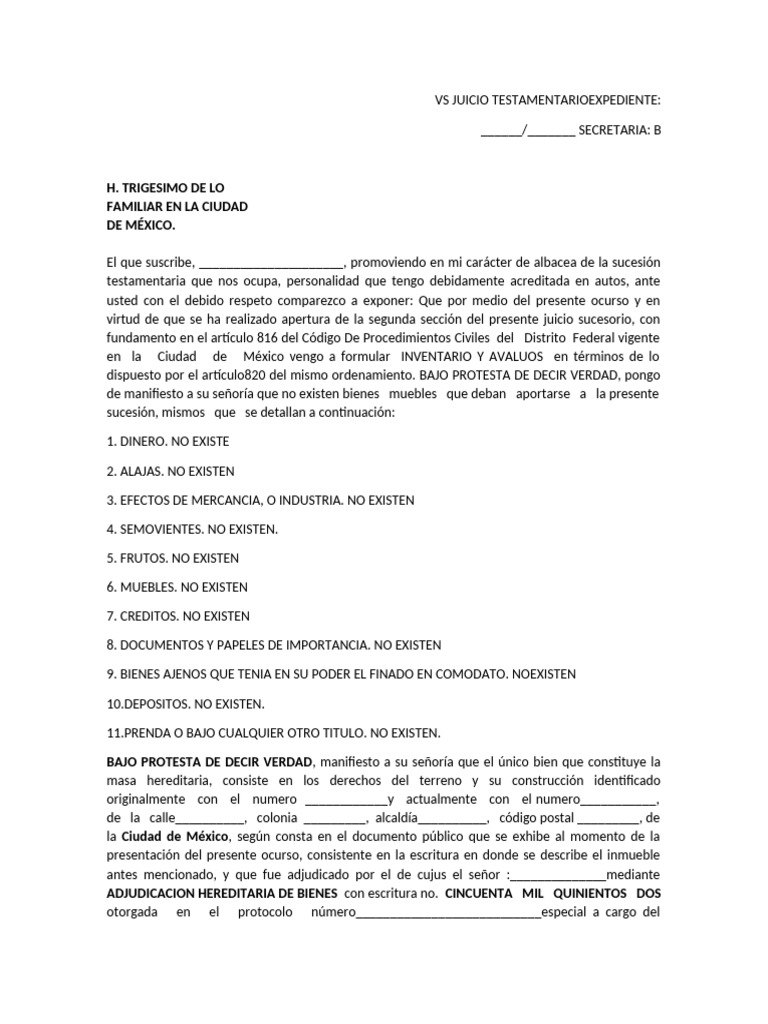 Machote Juicio Testamentario Expediente | PDF