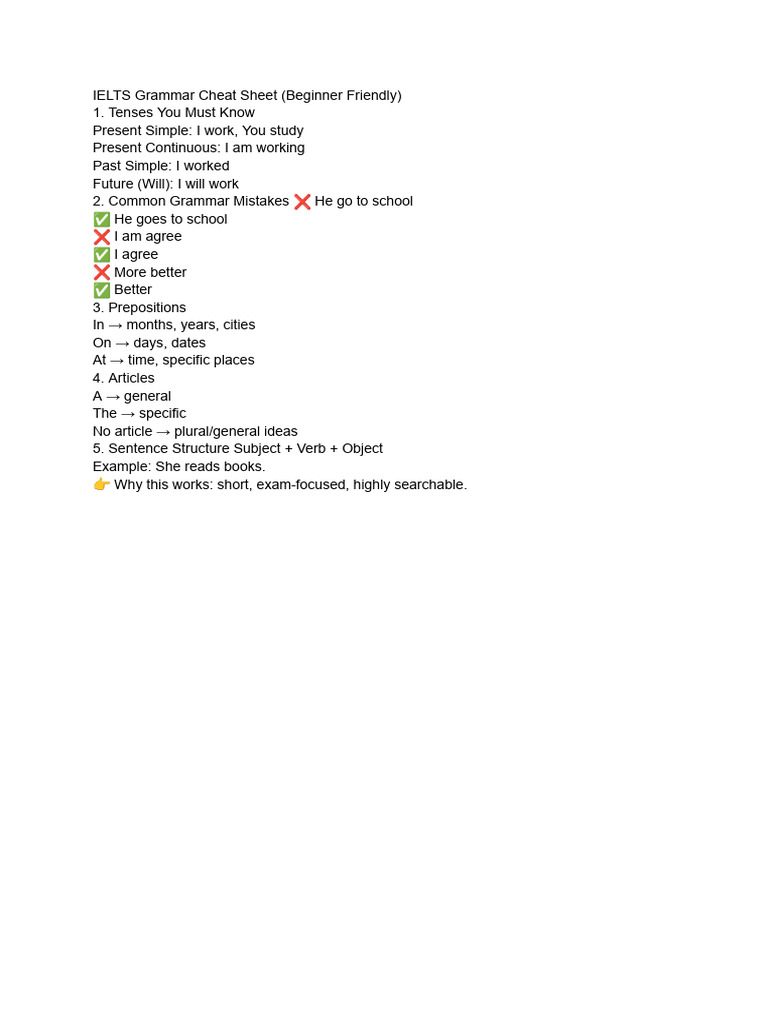 IELTS Grammar Cheat Sheet (Beginner Friendly) | PDF