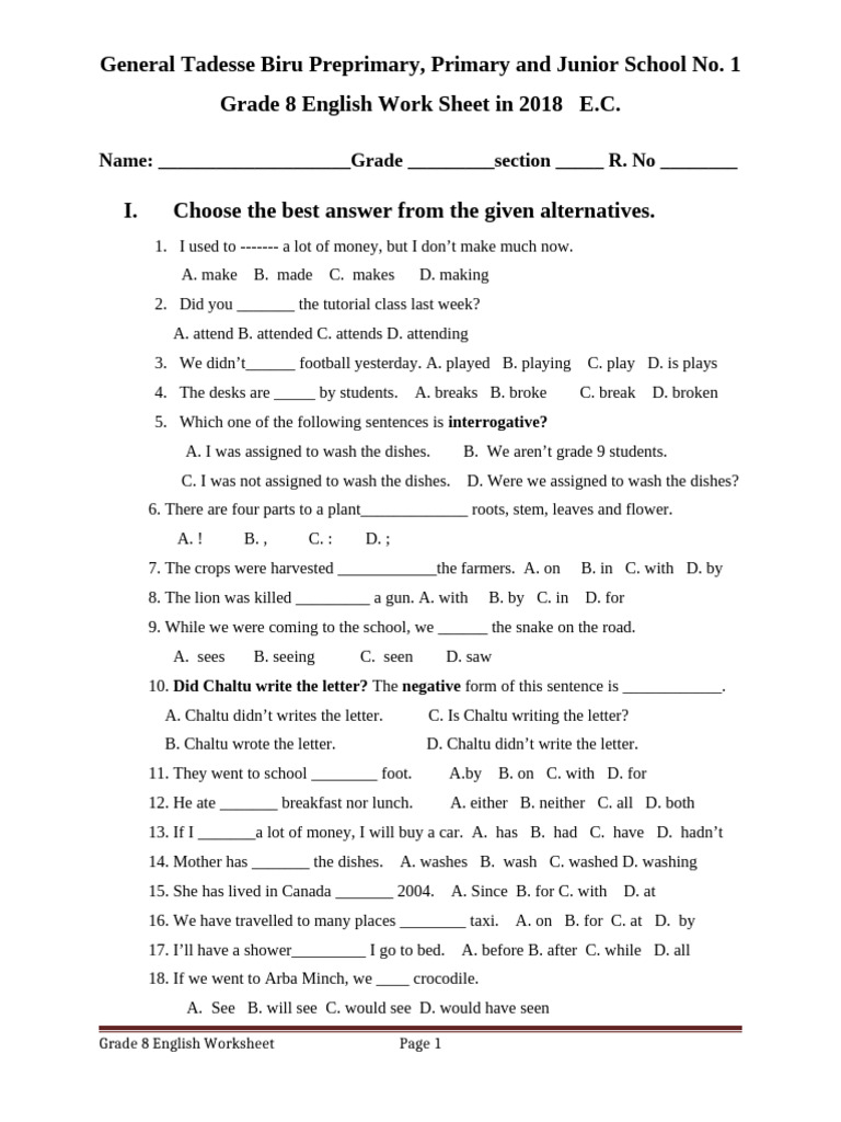 Grade 8 English Worksheet in 2018 | PDF