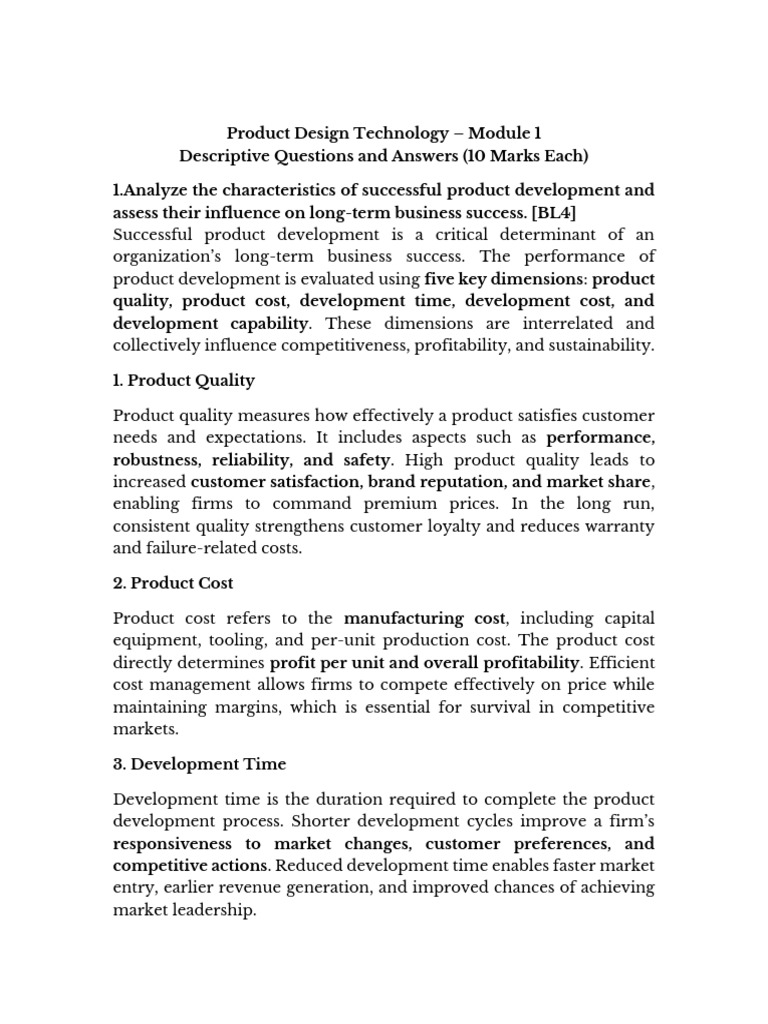 Product Design Technology Module1 10mark QA | PDF | Strategic ...