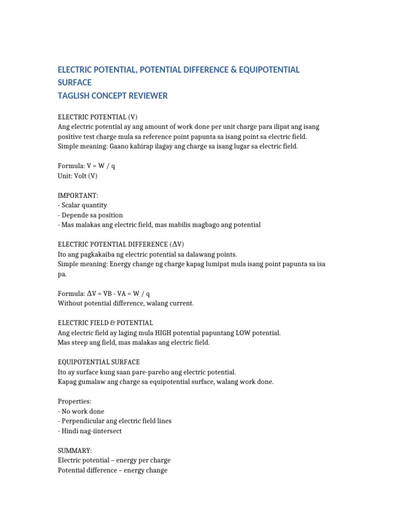 Electric Potential Tagalish Reviewer | PDF