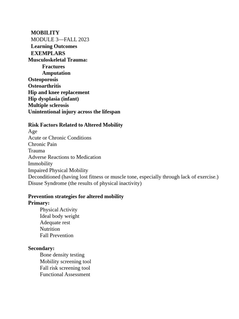 Student Notes For Mobility | PDF | Osteoporosis | Multiple Sclerosis