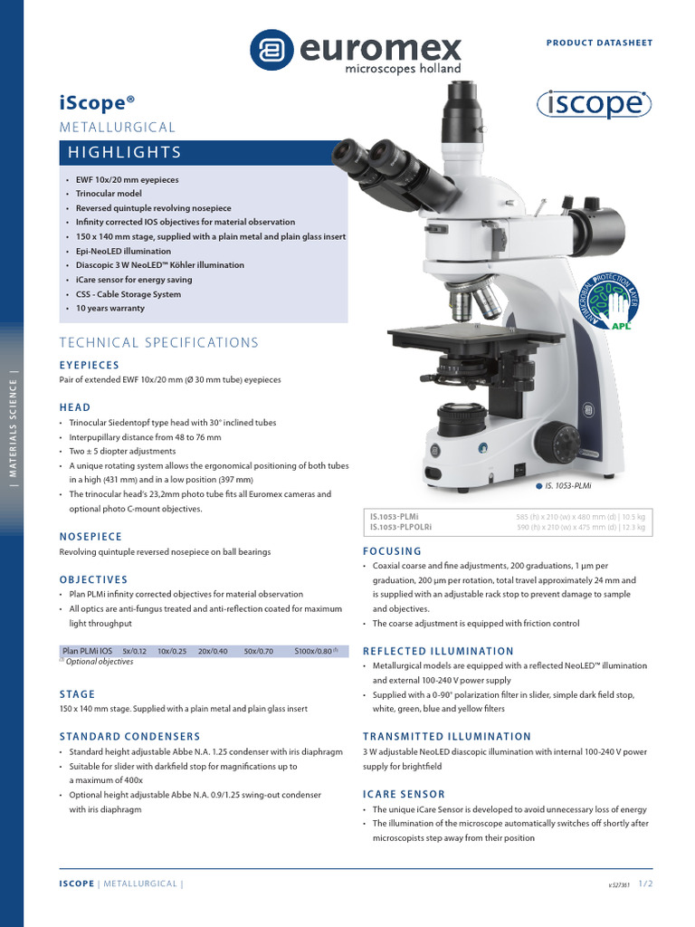 IScope Metallurgical Product Datasheet English | PDF | Optics | Light