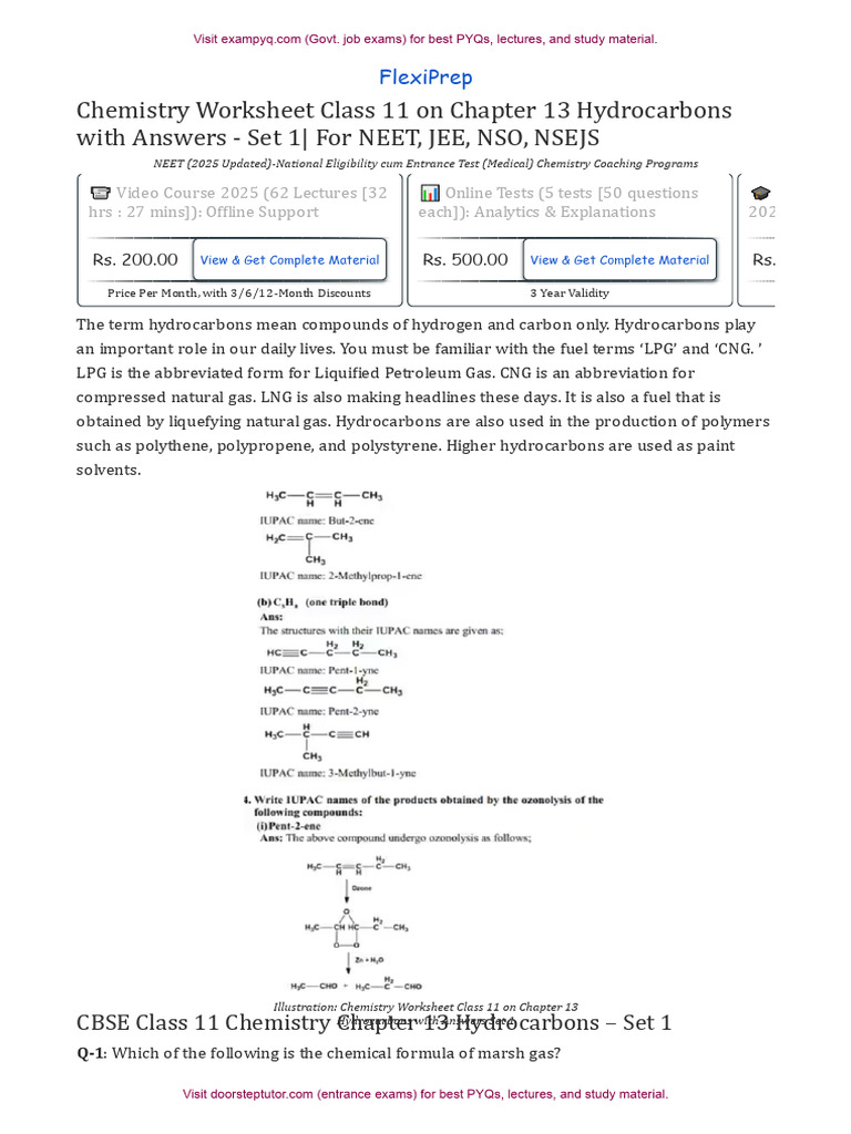Chemistry Worksheet Class 11 On Chapter 13 Hydrocarbons With Answers ...