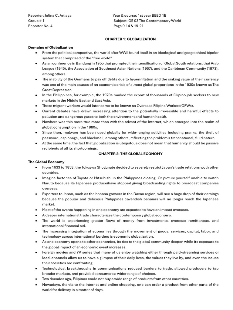 Chapter 1 Globalization Domains of Globalization Chapter 2 the Global ...