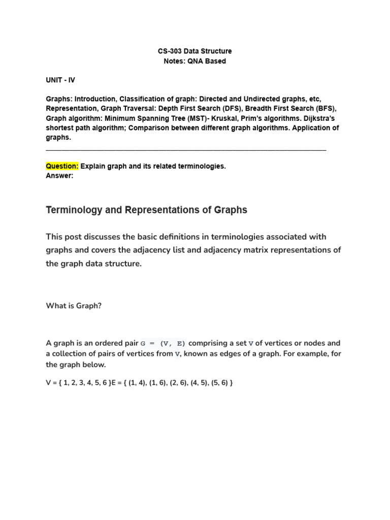 CS-303 DS - Unit 4 Notes | PDF | Vertex (Graph Theory) | Algorithms And ...