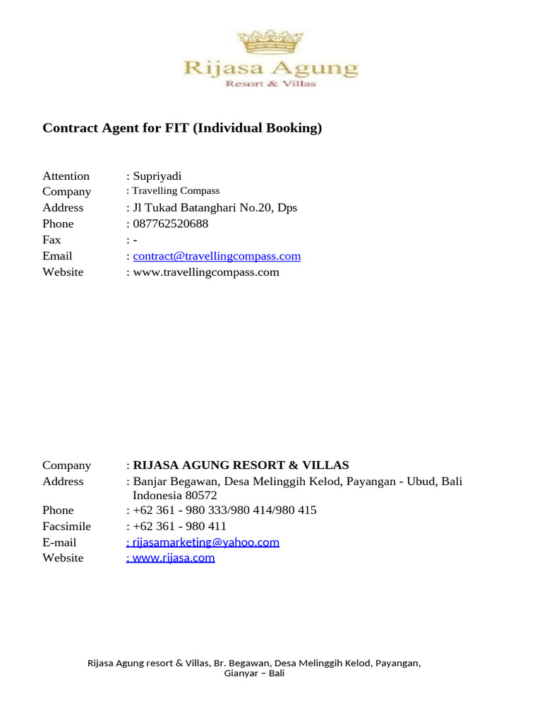 Contract Rate Agent Travelling Compass | PDF | Bali