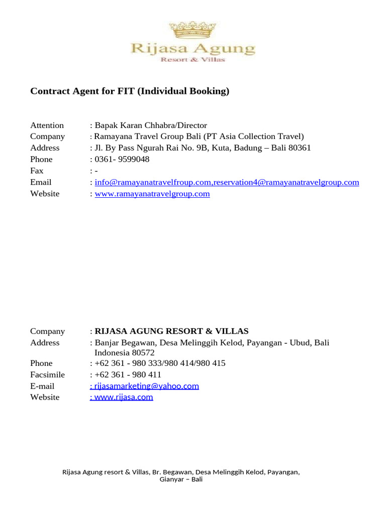 Contract Rate Agent Ramayana Travel Group Bali | PDF | Bali