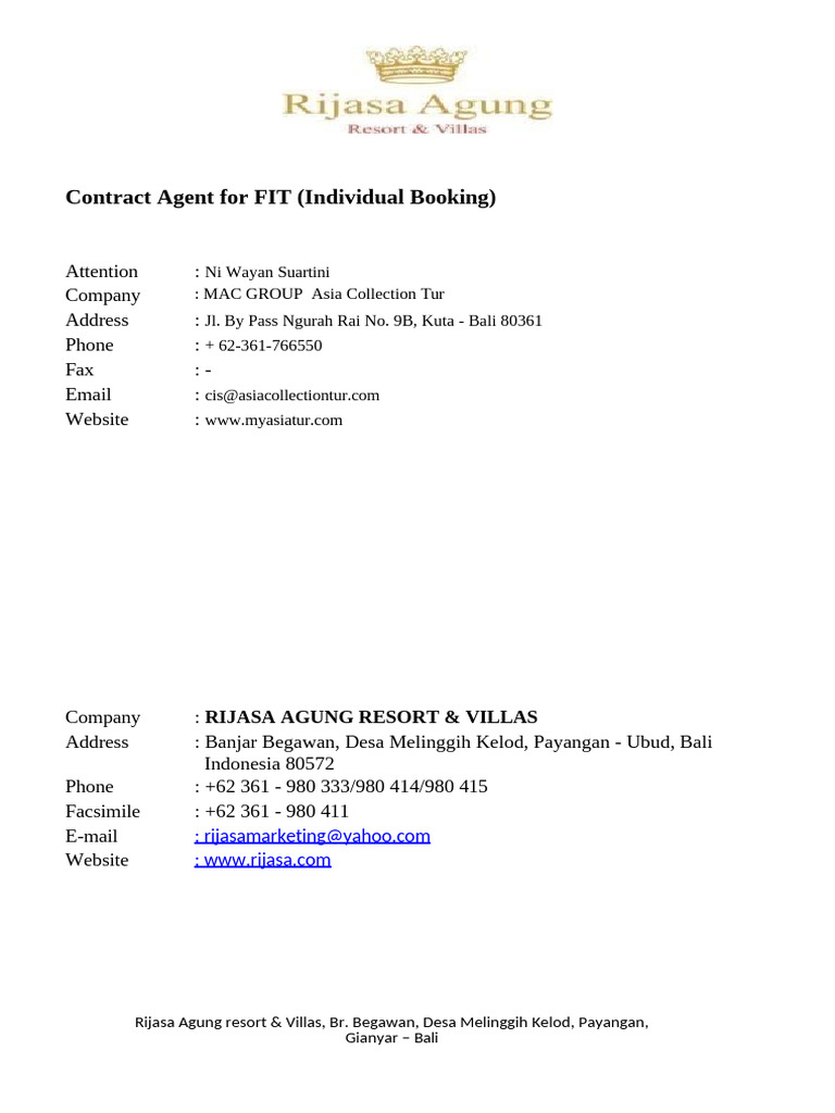Contract Rate Agent Asia Collection Tur | PDF | Bali